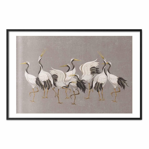 Poster - Crane Dance - light bird silhouettes on a warm-gray textured background