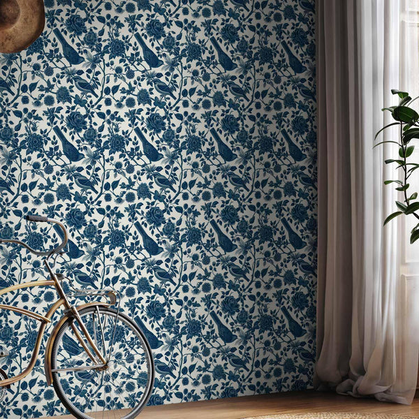 Tappezzeria murale - Birds and roses - monochrome blue pattern with botanical motif