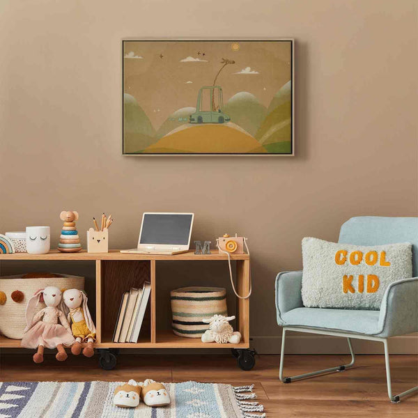 Quadro - Dreamy Traveler - A Cheerful Giraffe Driving a Car on a Sunny Day