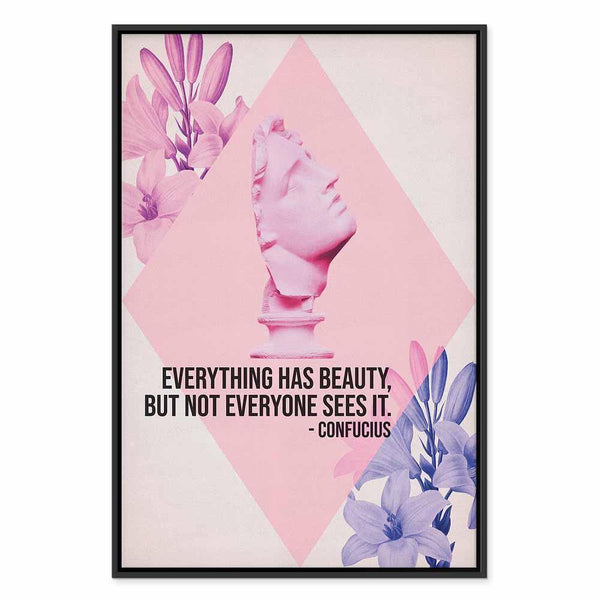 Quadro - Beauty in the Eyes - Inspirational Quote with Pink Bust and Flowers