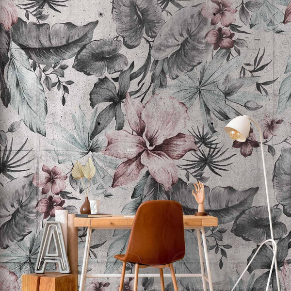 Carta da parati - Nature in retro style - landscape with leaves and flowers in grey tones