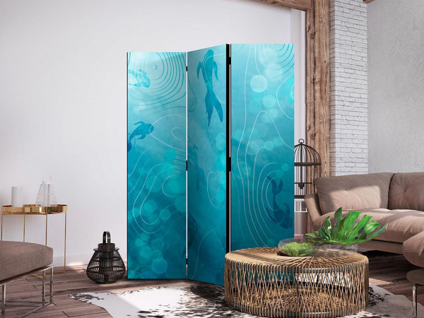Paravento - Koi Fish Under The Water Surface - a Cluster of Japanese Fish in The Depths of The Pond in Shades of Navy And Blue