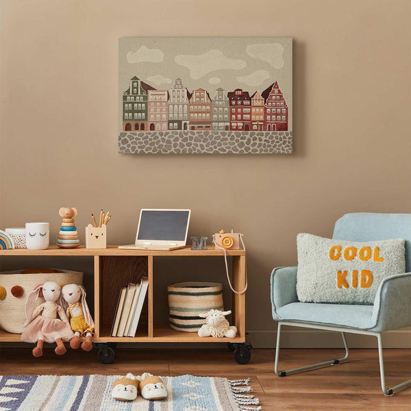 Quadro - Salt Square - Colorful Illustrated Townhouses Against a Cloudy Sky Background