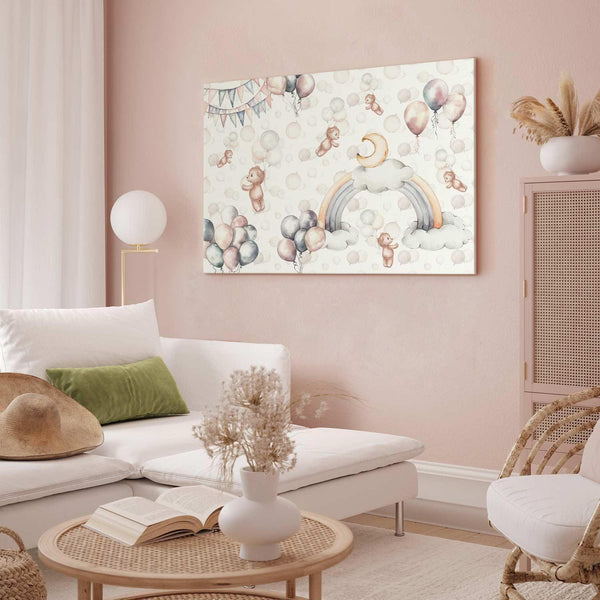 Quadro - Toy Bears with Balloons - Flying Plush Bears Among Balloons Clouds and Rainbows in Subtle Pastel Hues