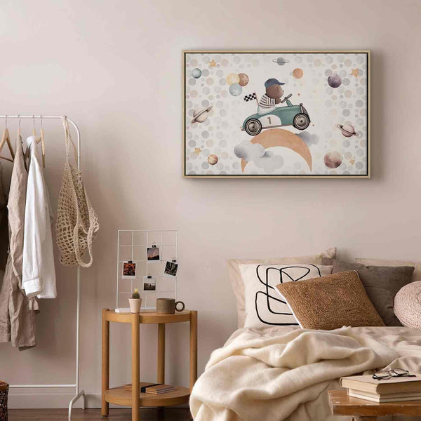 Quadro - Galactic Races - A Bear Participating in Car Races Among Planets Clouds and Stars in Pastel Hues