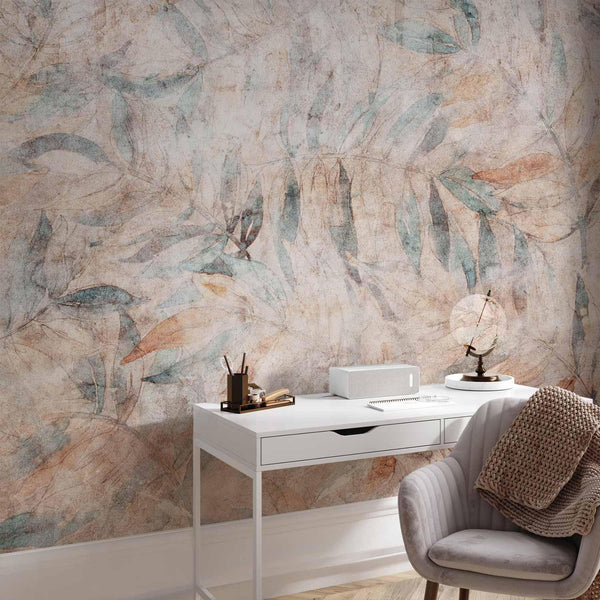 Carta da parati - Greek laurels - faded composition with leaves on a beige patterned background