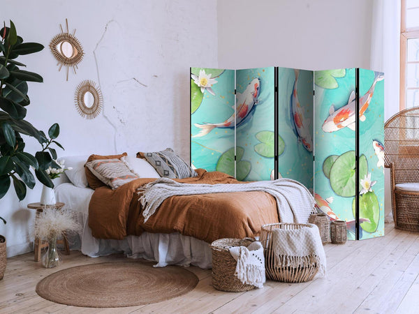 Paravento - Spectacular Koi Fish - White-Orange Koi Fish Swimming in Crystal Clear Water With Water Lilies