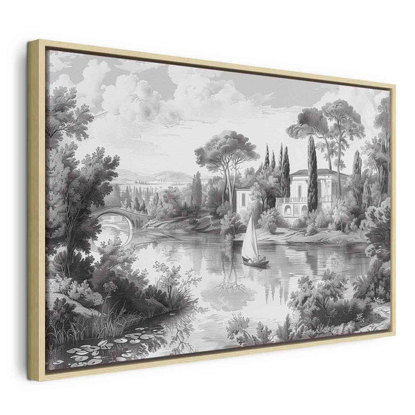 Quadro - Black and White Vintage Landscape Retro View of a Pond with a Boat