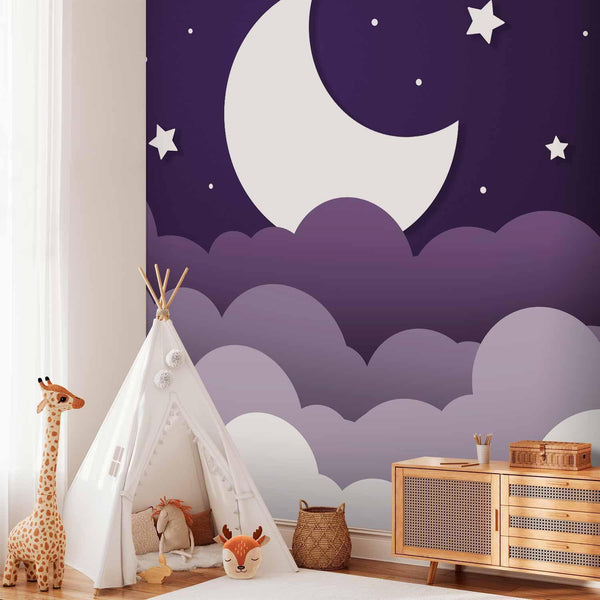 Carta da parati - Moon dream - clouds in a purple sky with stars for children
