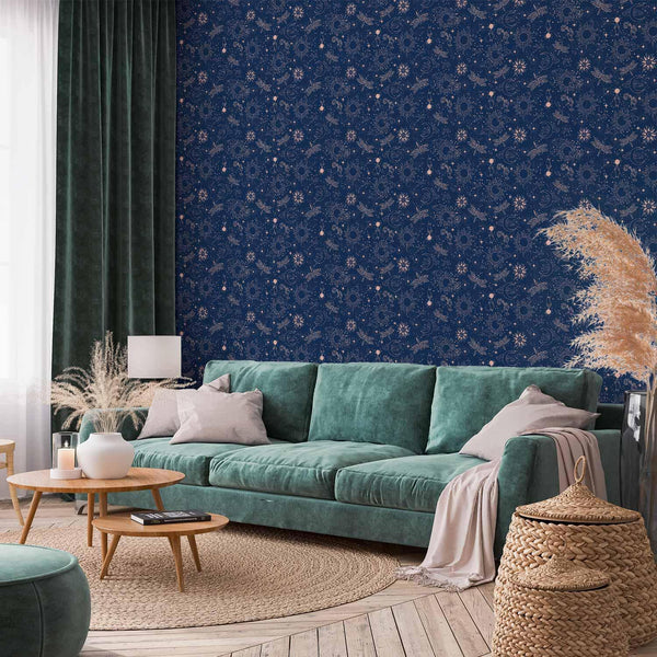 Tappezzeria murale - Cosmic Fantasy - Pattern with Suns - Moons - and Dragonflies on a Dark Background