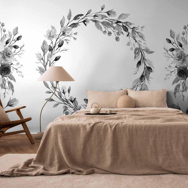 Carta da parati - Romantic wreath - grey plant motif with leaves with rose pattern