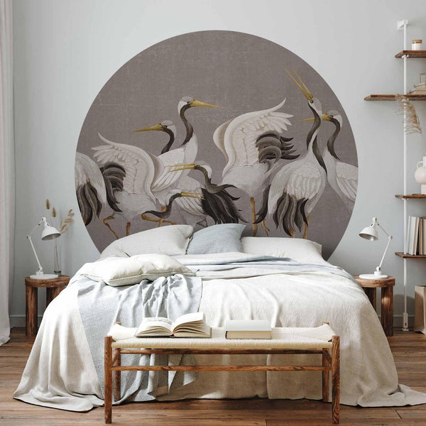 Carta da parati rotonda - Cranes dancing - bright silhouettes of birds on a warm grey background with texture