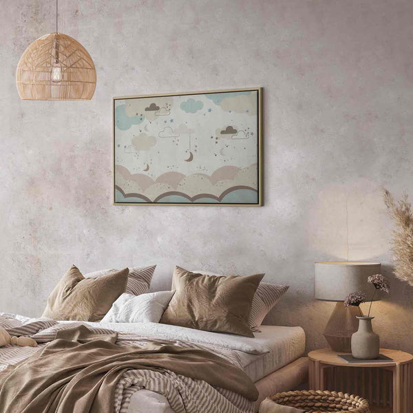 Quadro - Cloudy Night Sky - Moons in Brown and Beige Hues Among Clouds and Numerous Little Stars on a Light Background