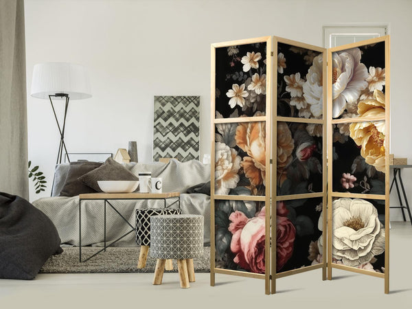 Paravento giapponese - Floristry in Vintage Style - Huge Colorful Flowers on a Black Background