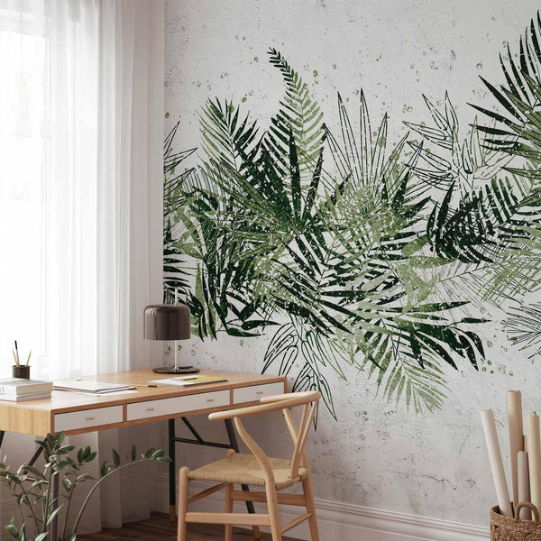 Carta da parati - Jungle and green plume - large tropical leaves on a white background