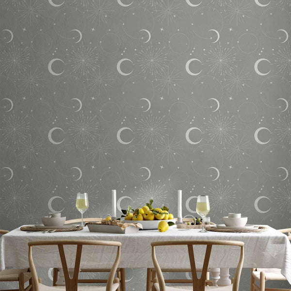 Tappezzeria murale - Cosmic Fireworks - Elegant pattern with moons and stars on a gray background