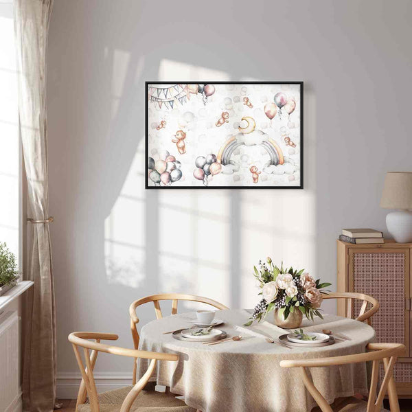 Quadro - Toy Bears with Balloons - Flying Plush Bears Among Balloons Clouds and Rainbows in Subtle Pastel Hues