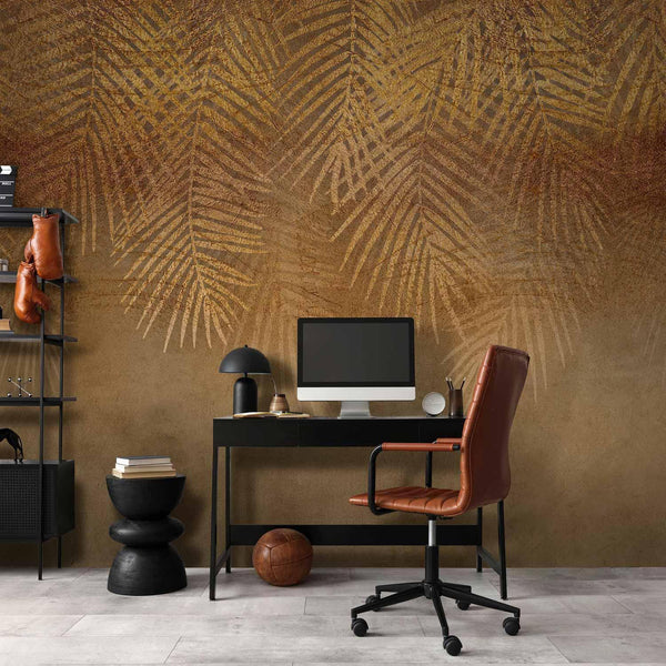 Carta da parati - Abstract nature in beige - composition with golden exotic leaves