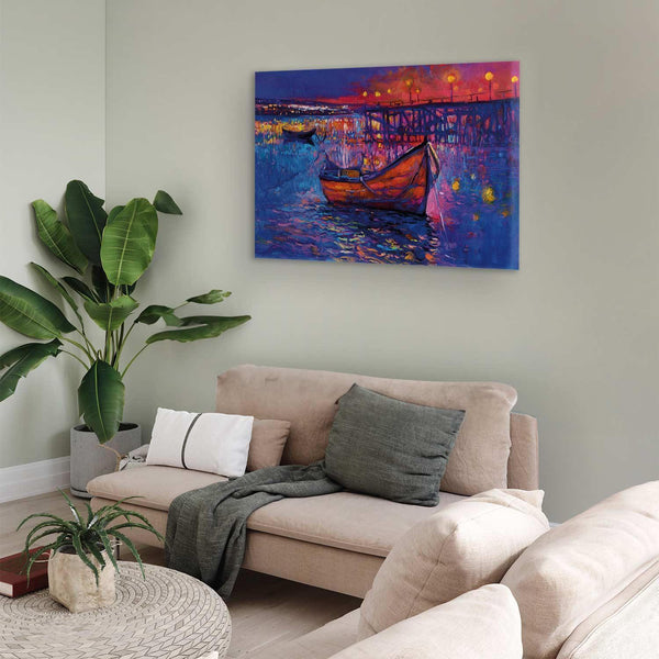 Quadro - Modern impressionism - night landscape of a lake with a floating boat