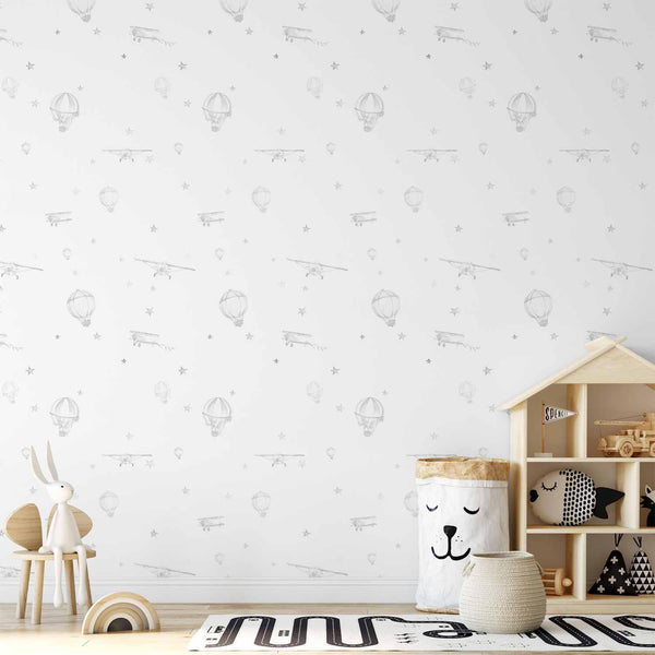 Tappezzeria murale - Watercolor - Airplanes and balloons painted on a white sky background