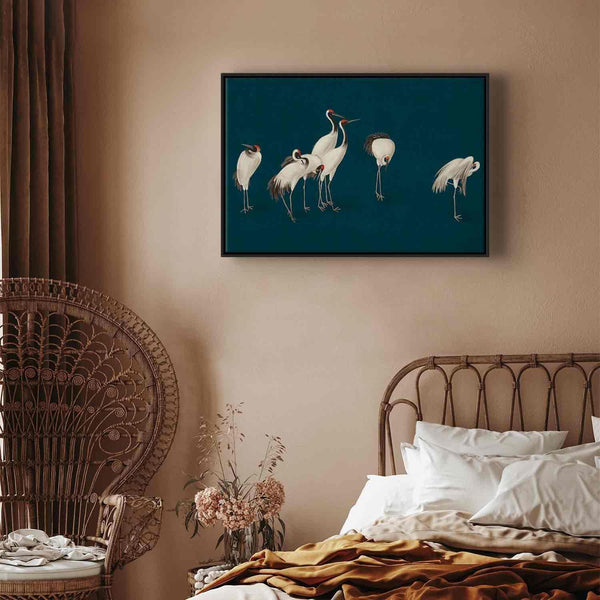Quadro - Evening by the pond - a group of cranes drawn in dry pastel on a dark turquoise background