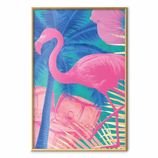 Poster - Pink Flamingo - abstract flamingo against a background of palm trees and ice cubes