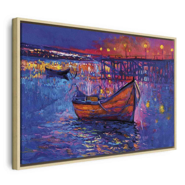 Quadro - Modern impressionism - night landscape of a lake with a floating boat