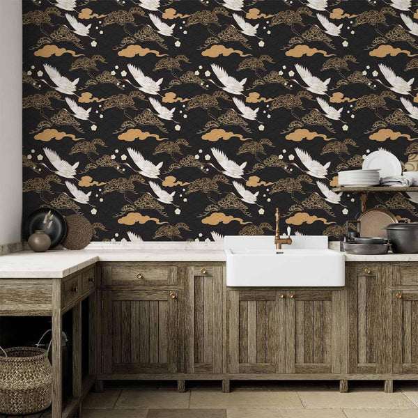 Tappezzeria murale - Oriental impressions - decorative pattern with a motif of flying cranes on a dark background