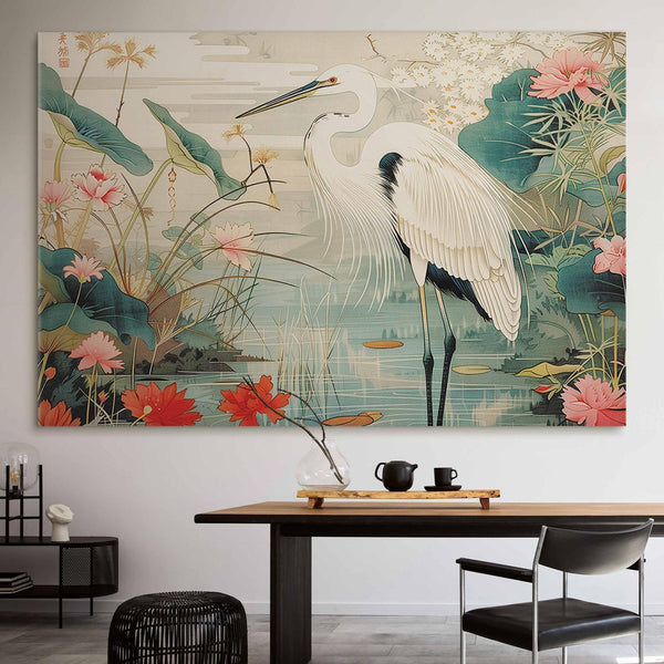 Quadro XXL - By an Asian pond - an illustration in the style of a Japanese engraving, depicting a heron
