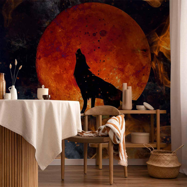 Carta da parati - Wild nature - wolf on a background of a red moon in flames of fire