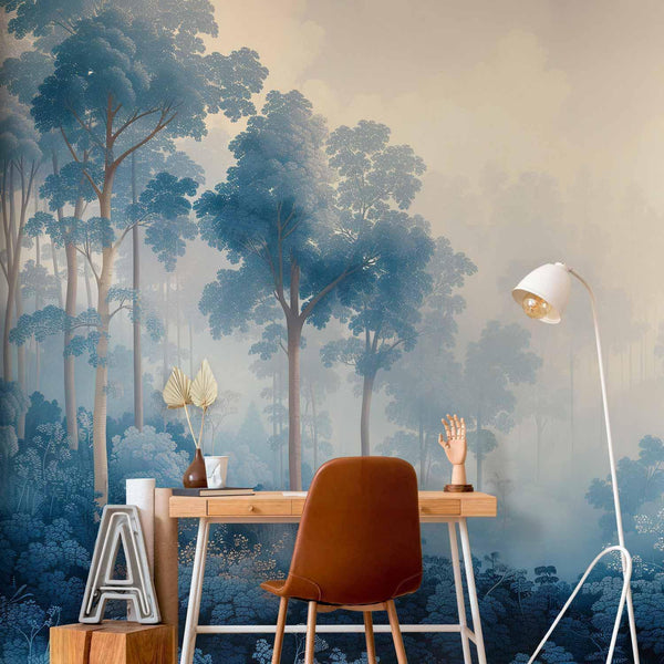 Carta da parati - Landscape with Trees in Illustrative Style Fairy-Tale Blue Forest