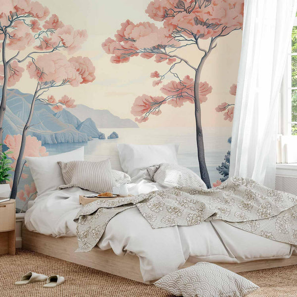 Carta da parati - Landscape with the Ocean Cliffs and Trees in Delicate Pink Shades
