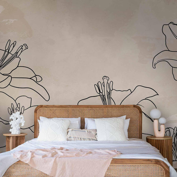 Carta da parati - Sketch of nature - minimalist lineart with lily flowers on a beige background
