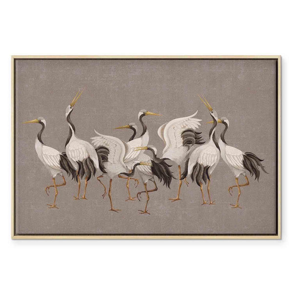 Quadro - Crane dance – bright silhouettes of birds against a warm grey background with texture