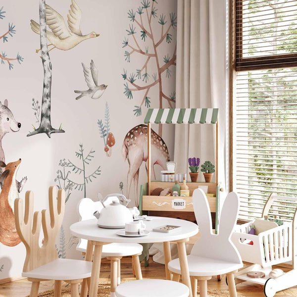 Carta da parati - Forest Land With Animals Painted in Watercolours