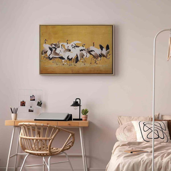 Quadro - Japanese cranes - a flock of birds against a golden background based on a painting by Ishida Yūtei