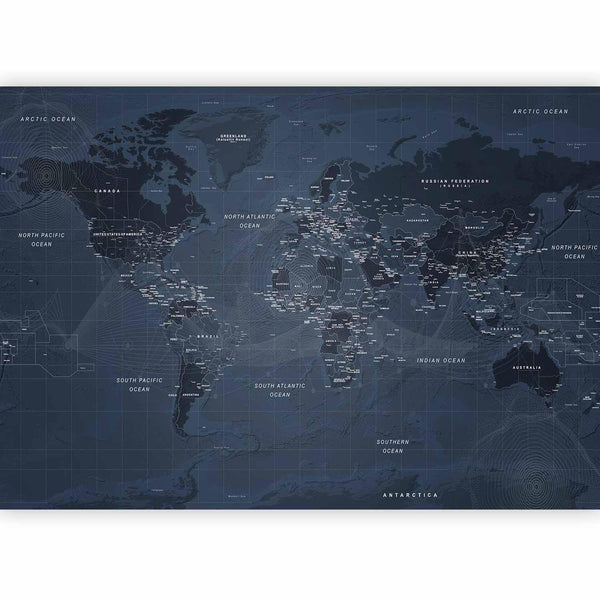 Carta da parati - World map in blue - continents with inscriptions in English