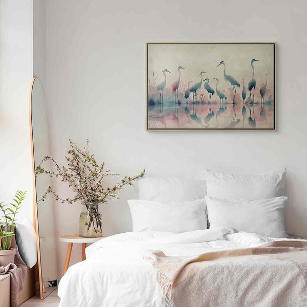 Quadro - Birds by the lake - herons painted in watercolour in delicate grey and pink colours