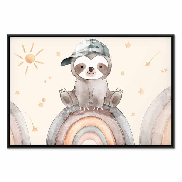 Quadro - Happy Sloth - Sloth in Subdued Colors Wearing a Cap Sitting on a Rainbow Among Little Stars