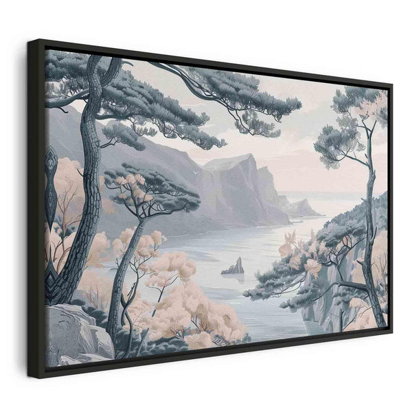 Quadro - Mountainous Coast with Trees and Rocks in Light Pastel Blues