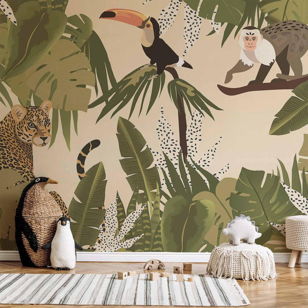 Carta da parati - Leaves and Shapes - Jungle in Faded Colours With Animals