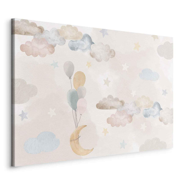 Quadro - Fairy-Tale Moon - Pastel Moon with Balloons Among Colorful Clouds and Stars in Subdued Colors on a Light Background