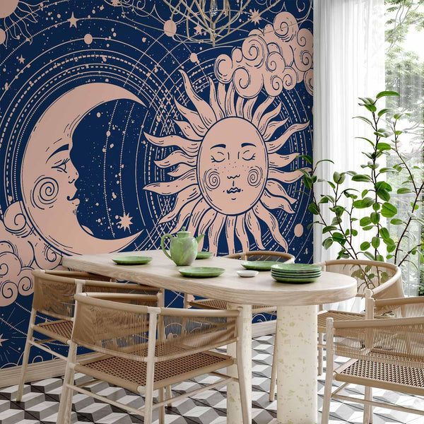 Carta da parati - Cosmic Harmony - Illustration of the Sun and Moon on a Navy Background