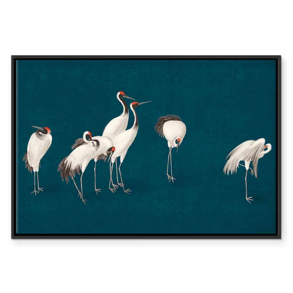 Quadro - Evening by the pond - a group of cranes drawn in dry pastel on a dark turquoise background