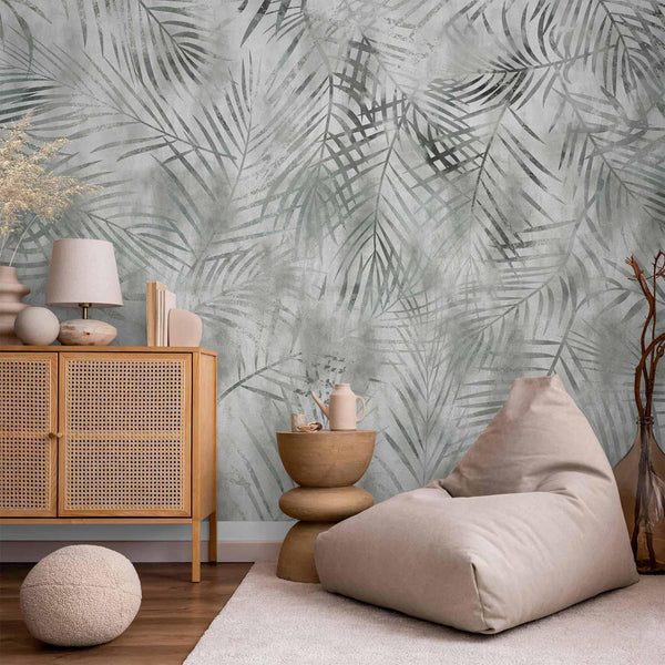 Carta da parati - Minimalist landscape - nature motif with grey exotic leaves