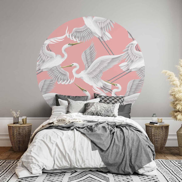 Carta da parati rotonda - Pastel birds – a delicate pattern of white and grey herons on a light pink background