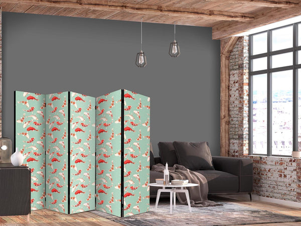 Paravento - Fish And Japanese Pattern - Koi Fish in Orange-Cream Colors on a Green-Mint Background With An Oriental Pattern