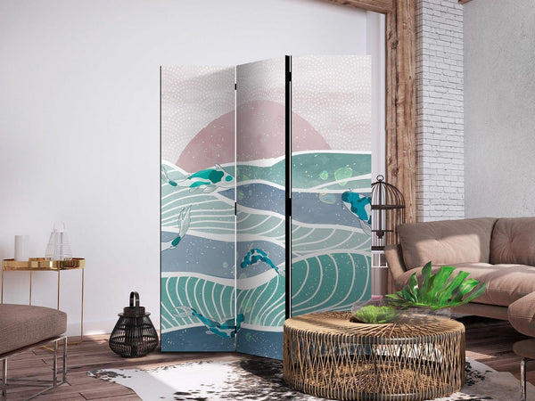 Paravento - Picturesque Landscape With Fish - Sunset And Koi Fish in Shades of Turquoise And Blue Floating Above The Water