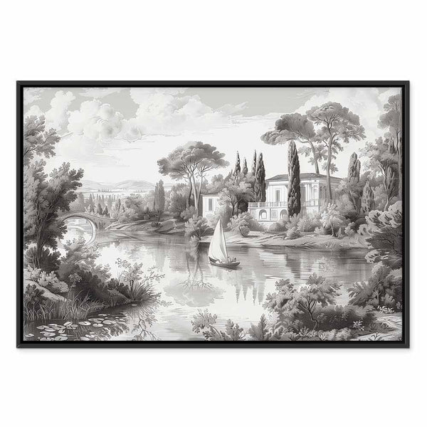 Quadro - Black and White Vintage Landscape Retro View of a Pond with a Boat