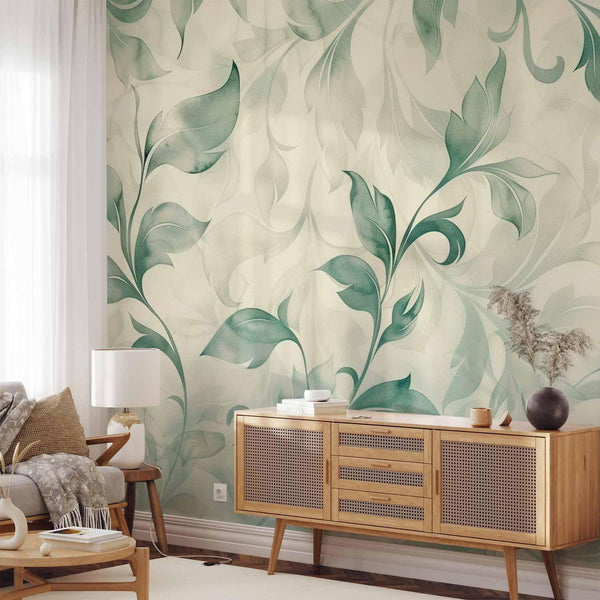 Carta da parati - Watercolor Botanical Motif Delicate Green-Beige Leaves